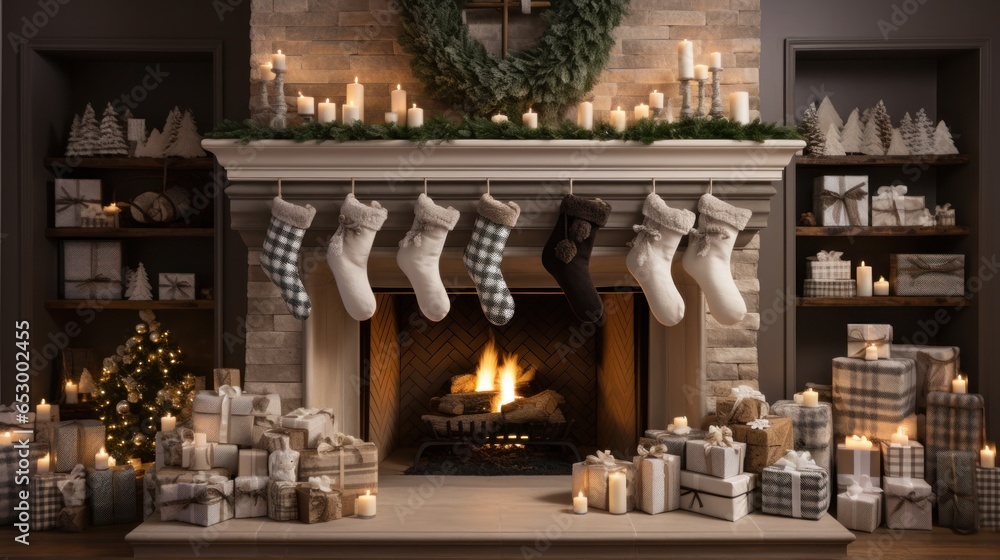 Cozy fireplace with stockings and decorations