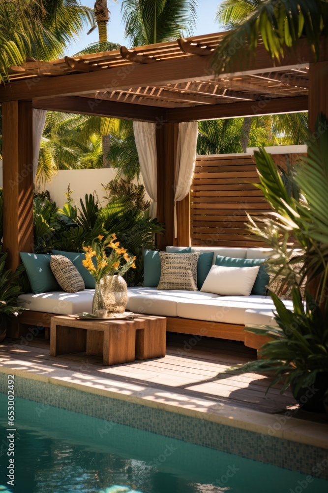 Stylish poolside cabanas with lush tropical foliage.