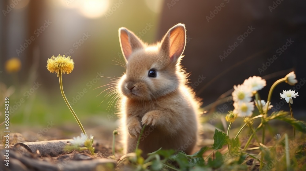 Adorable bunny sniffing a flower.