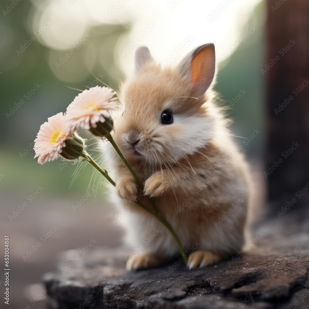 Adorable bunny sniffing a flower.