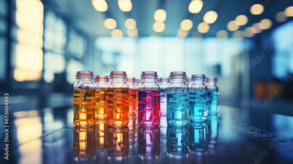 Medicine bottles with blurred hospital background