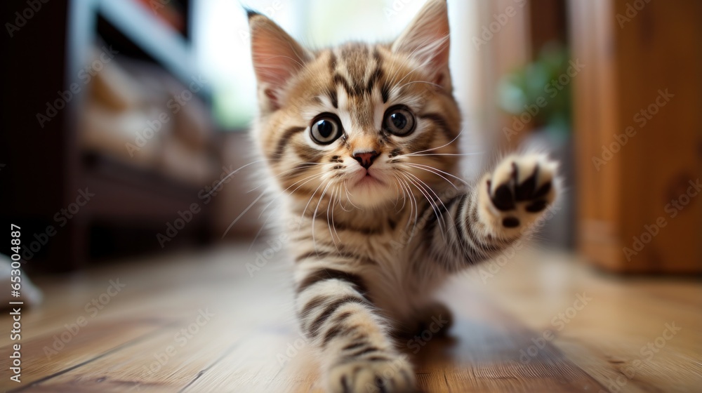 Playful kitten pawing at camera.