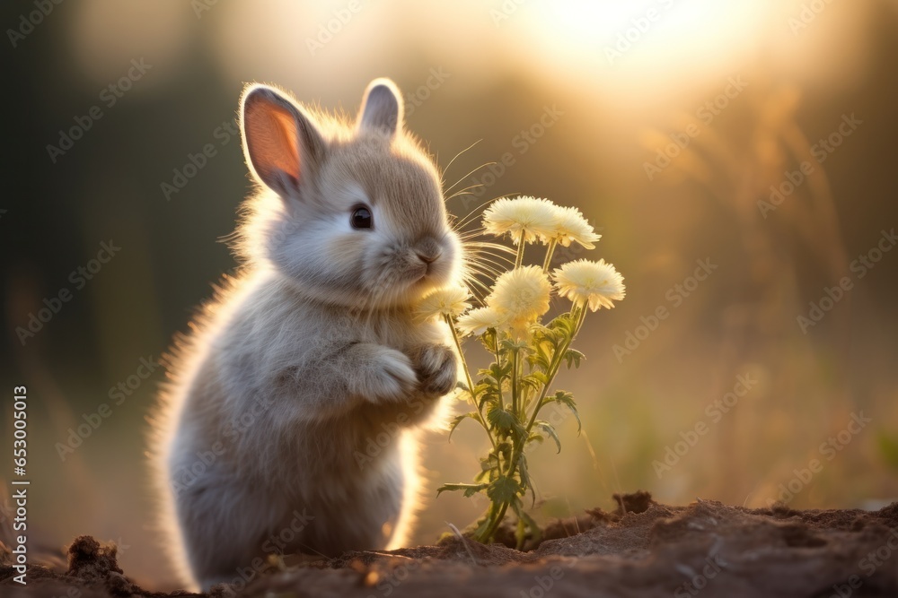 Adorable bunny sniffing a flower.