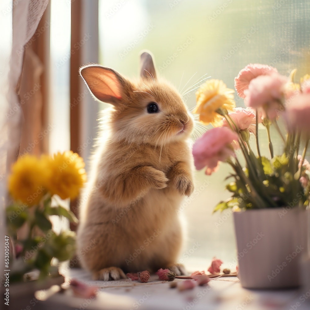 Adorable bunny sniffing a flower.