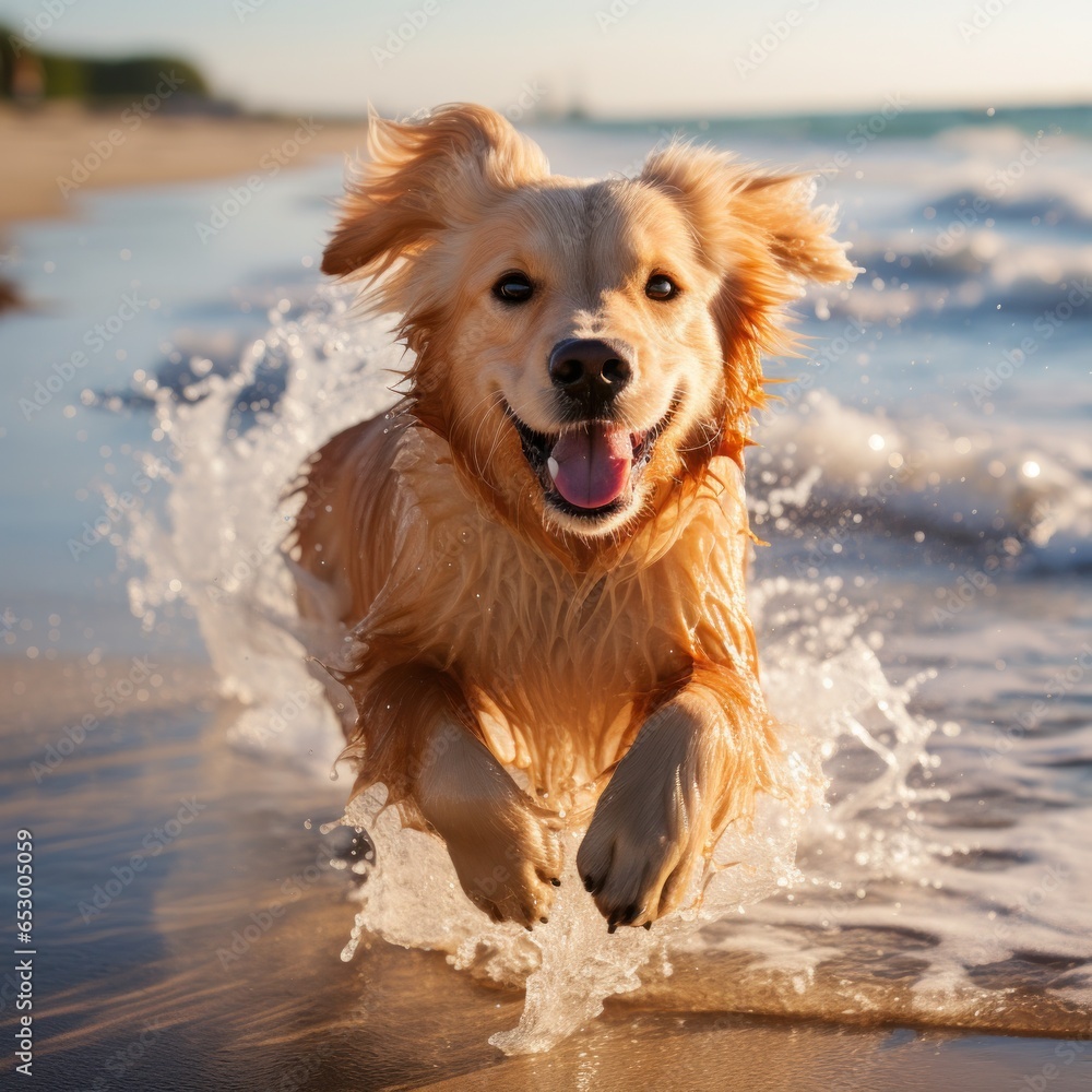 Majestic golden retriever running on beach