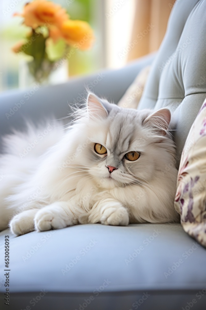 Fluffy Persian cat lounging on couch