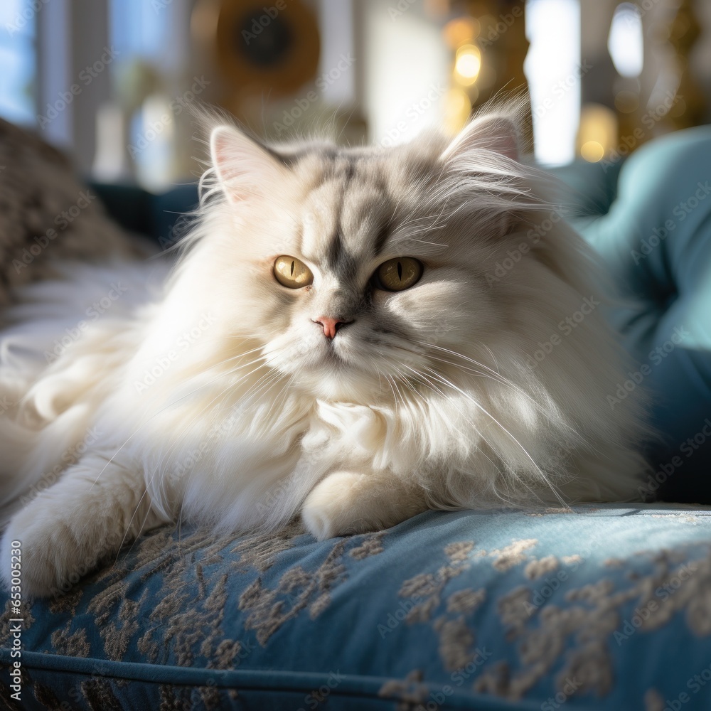 Fluffy Persian cat lounging on couch