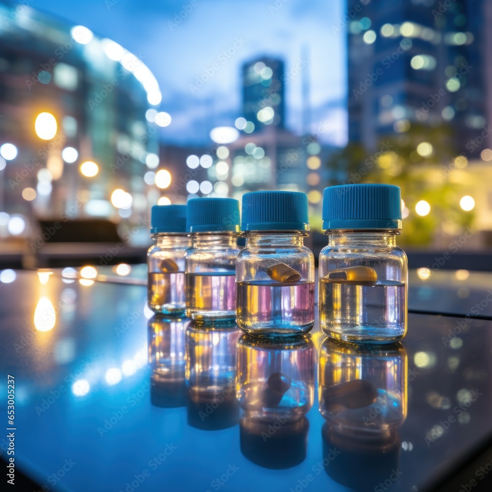 Medicine bottles with blurred hospital background