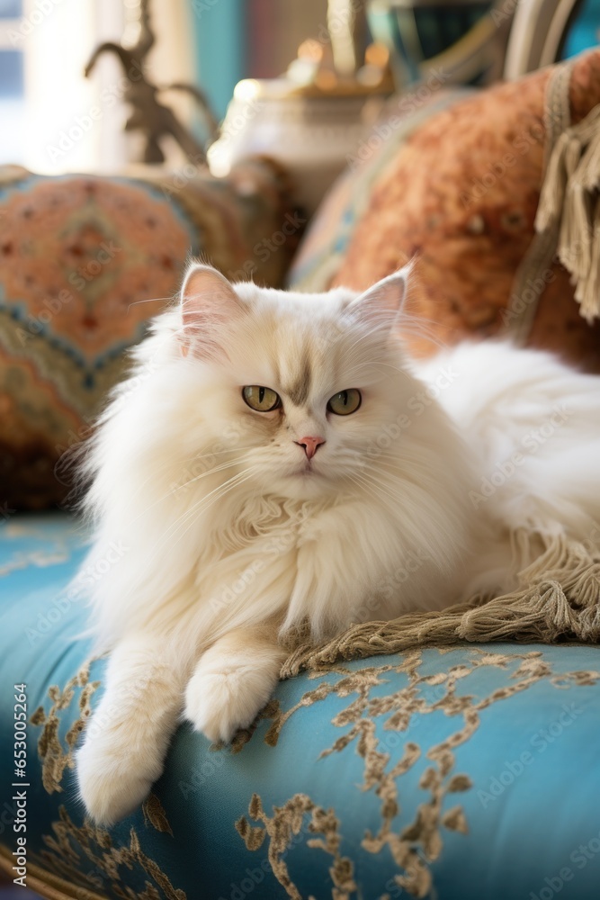 Fluffy Persian cat lounging on couch