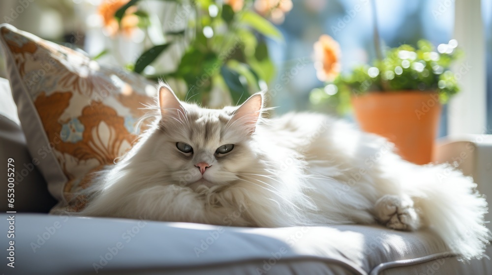 Fluffy Persian cat lounging on couch