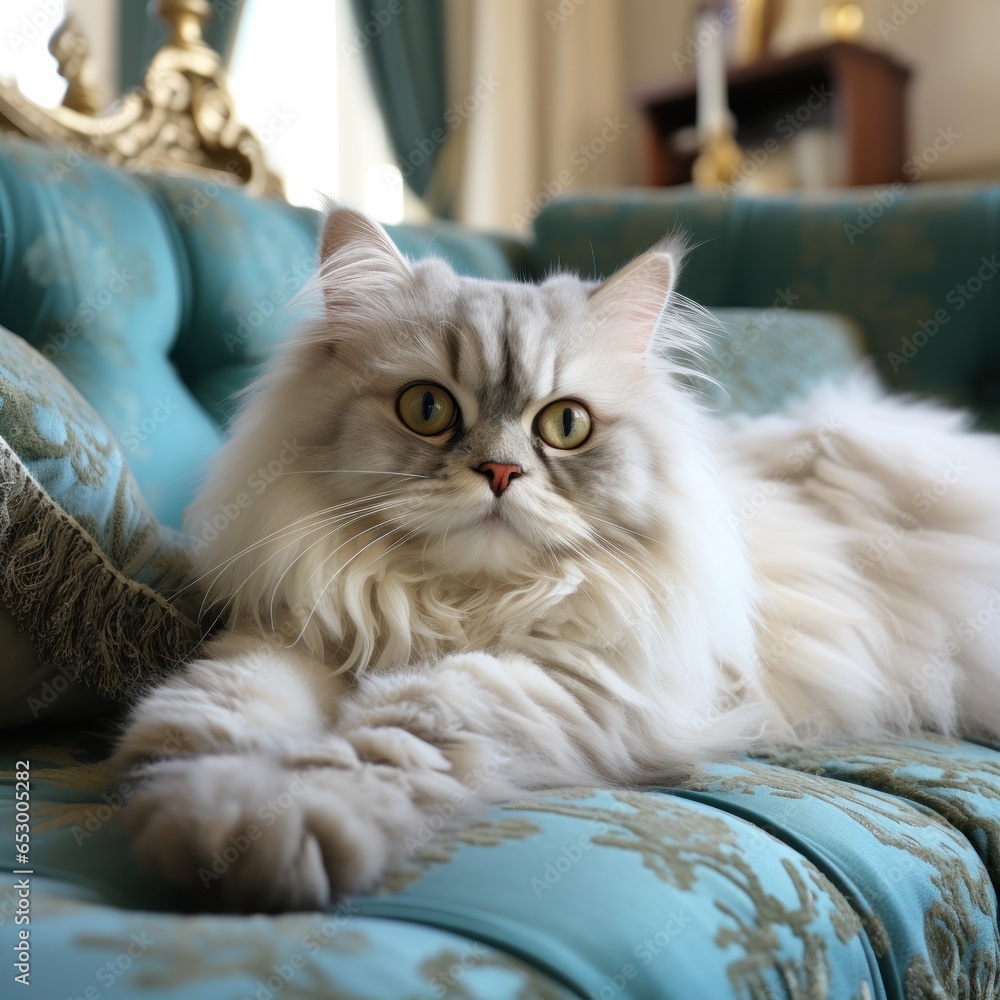 Fluffy Persian cat lounging on couch