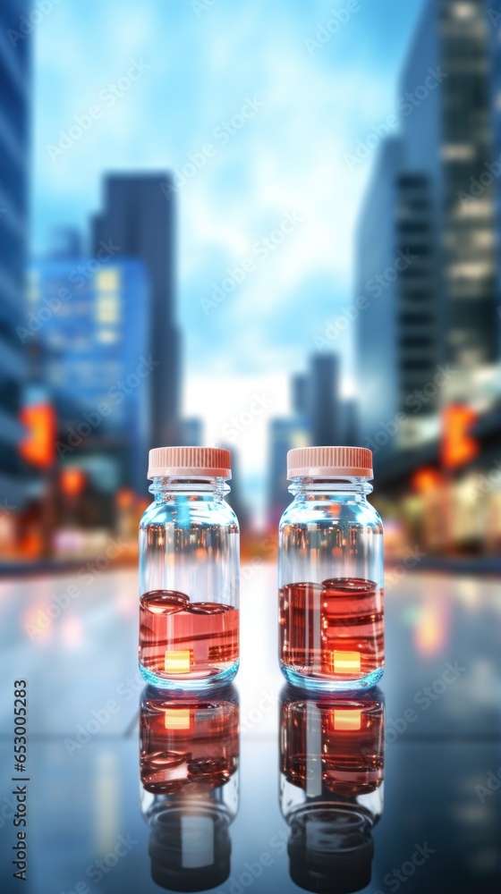 Medicine bottles with blurred hospital background