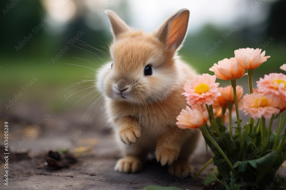 Adorable bunny sniffing a flower.