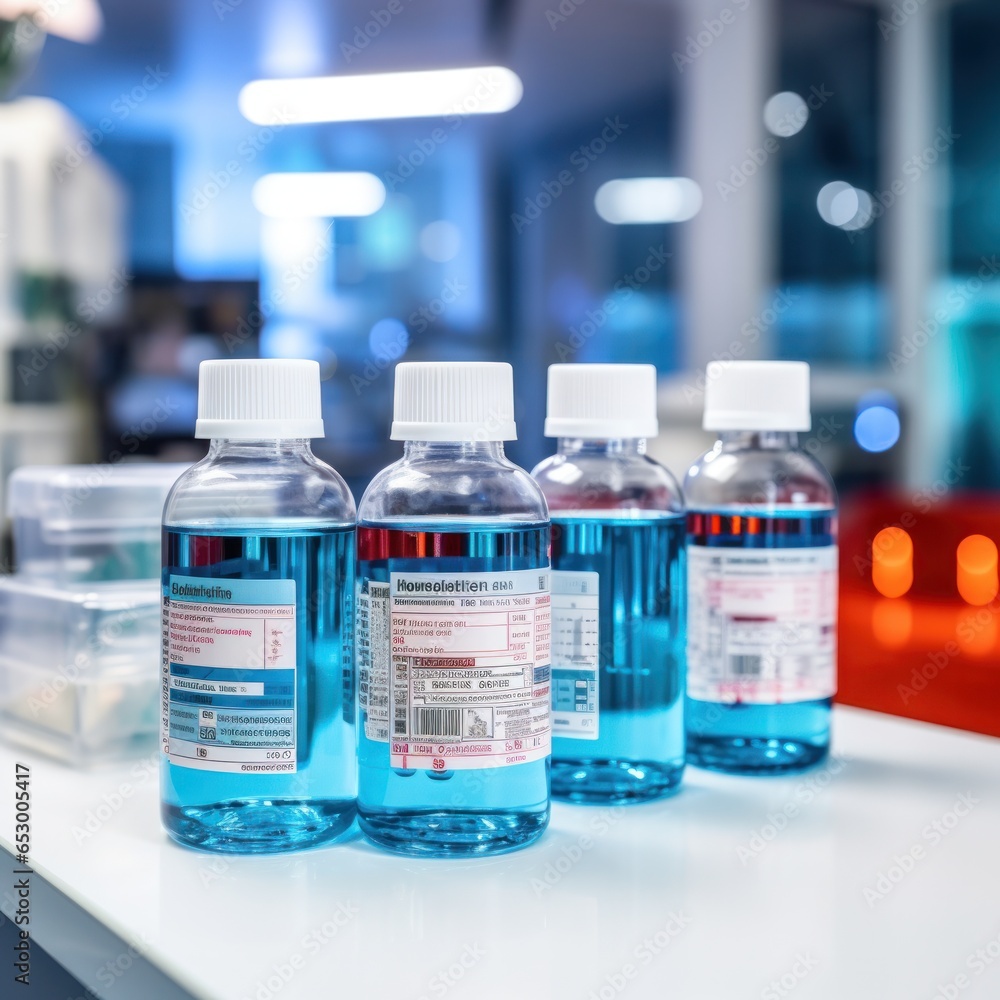 Medicine bottles with blurred hospital background