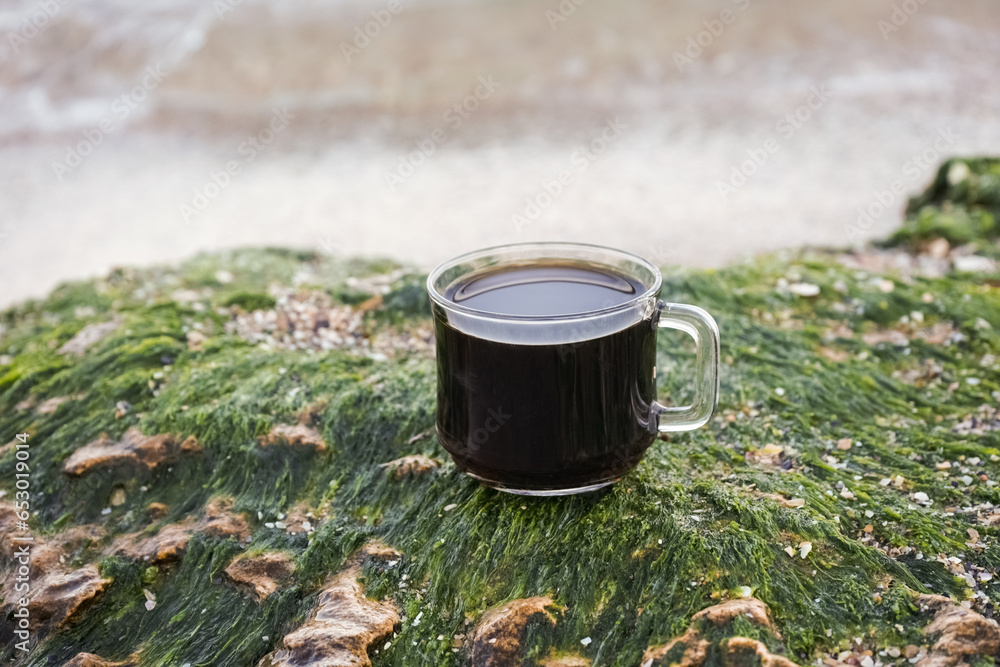 Glass mug of coffee on seaweed covered stone