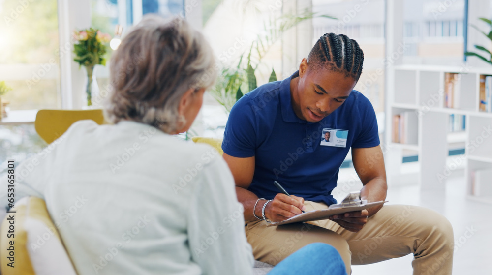 Retirement, documents and a nurse talking to an old woman patient about healthcare in an assisted living facility. Medical, planning and communication with a black man consulting a senior in her home