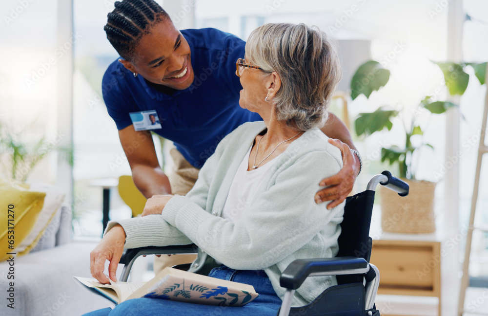 Black man, caregiver or old woman in wheelchair talking or speaking in homecare rehabilitation together. Medical healthcare advice or male nurse nursing or helping elderly patient with disability