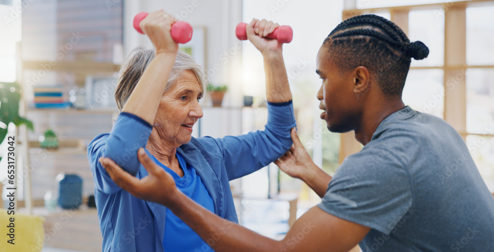 Physiotherapy, black man and senior woman stretching, smile and consultation in office, help and wellness. Physiotherapist, male employee and happy female client stretch, health and rehabilitation