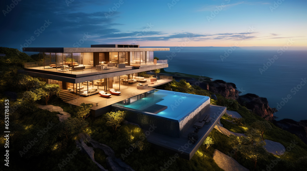 Luxury contemporaty villa on a mountain hill with a view on ocean. Generative AI