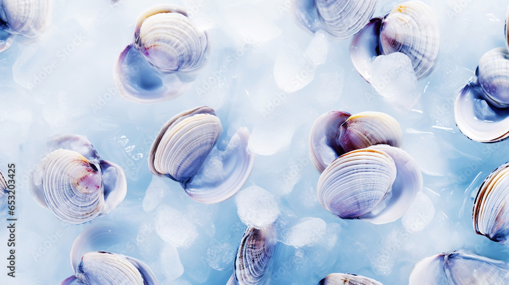 Top view on fresh clams in ice cubes. Sea food background. Generative AI