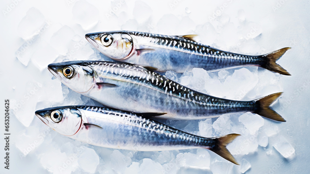 Fresh mackerel fish (Scomber scrombrus) on ice. Seafood background. Generative AI