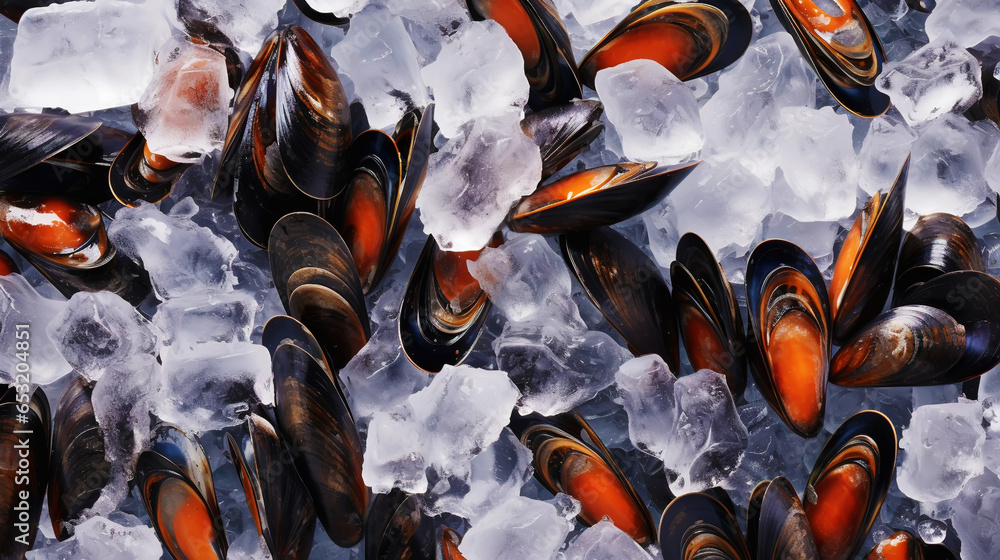 Raw Mussels on ice in the restaurant . Fresh seafood shellfish background. Generative AI