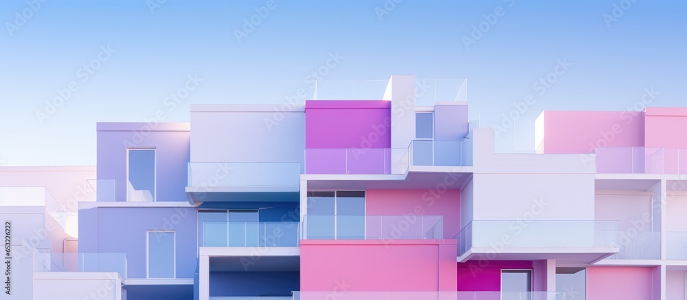 Minimalist contemporary building design with geometric structure pastel colors and box shaped style featuring balconies windows and fragmented elements