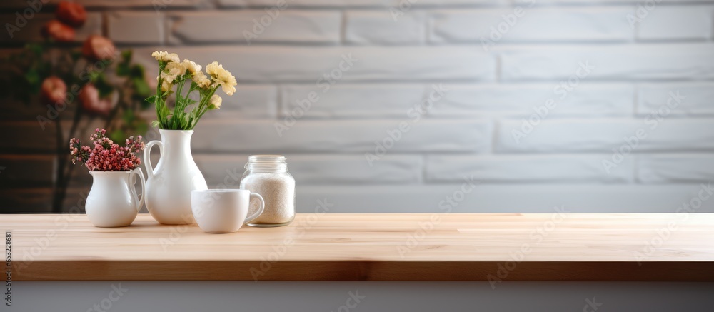 Scandinavian style kitchen with wooden table top and blurred background