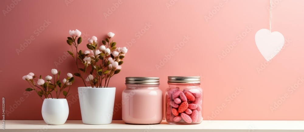 Decorate kitchen with stylish Valentine s Day theme using plants jars and light wall