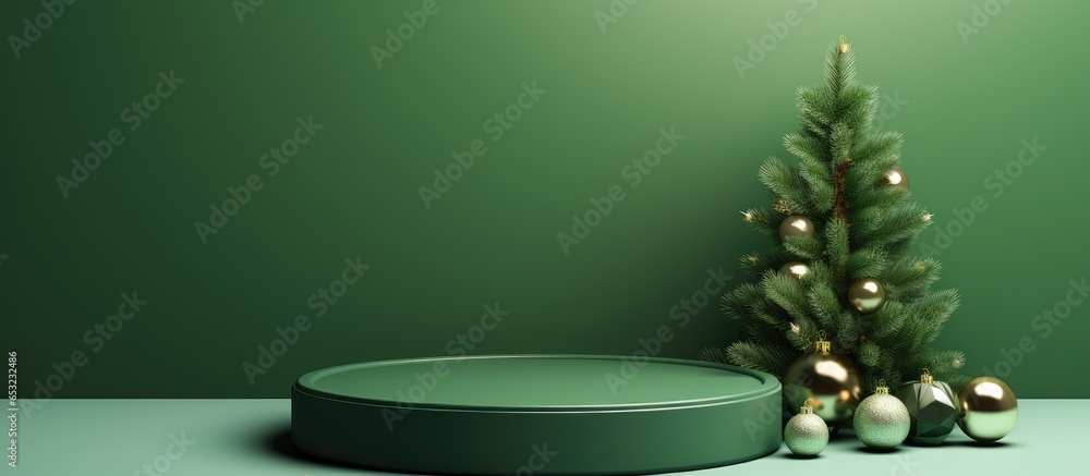 Minimalist green background showcases products on festive Christmas scene podium for promotional sale