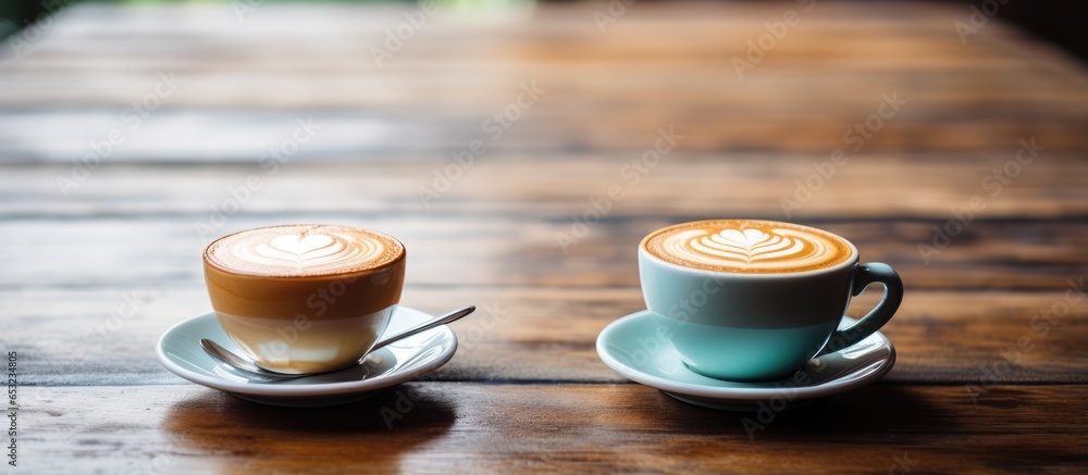 Coffee cups with latte art placed on the table