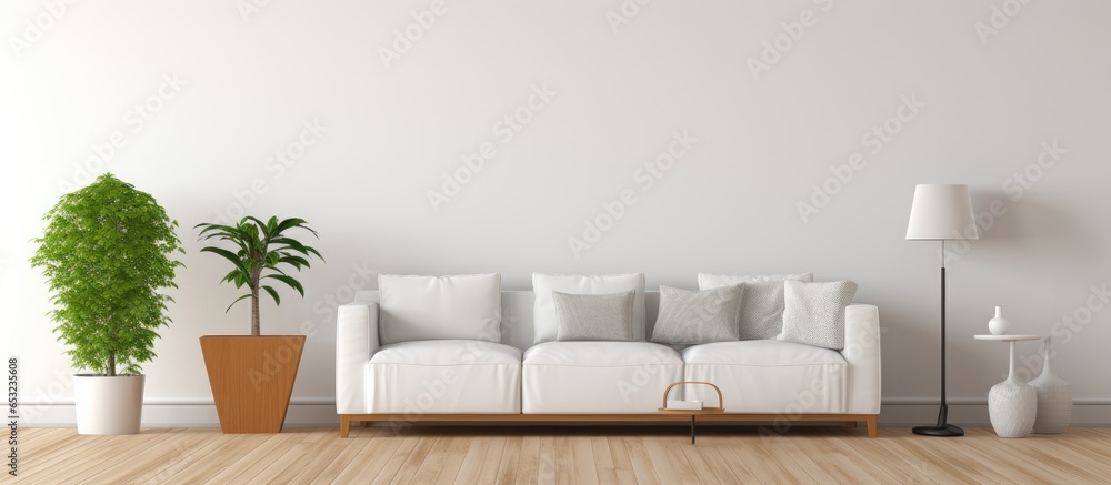 Contemporary apartment with white and wooden minimalist living room featuring a brown leather sofa carpet floor lamp and potted plants illustration of interior design concept