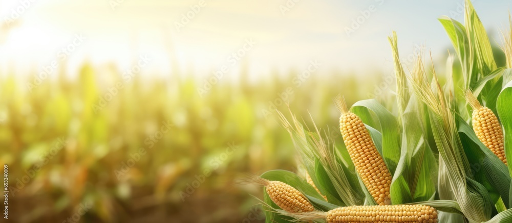 illustration of a cornfield with space for texts and branding featuring corn seeds and green leaves