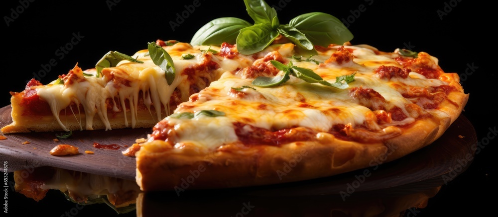 Hot Italian pizza with stretchy cheese becomes Pizza four cheeses with basil