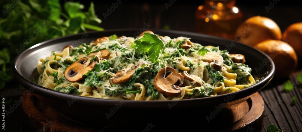 Creamy Mushroom Spinach Pasta with rustic elements and a wooden backdrop