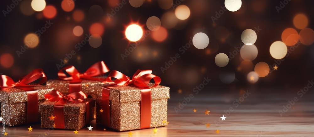 Luxurious holiday gift boxes with a prominent red bow set against a bokeh background of festive lights