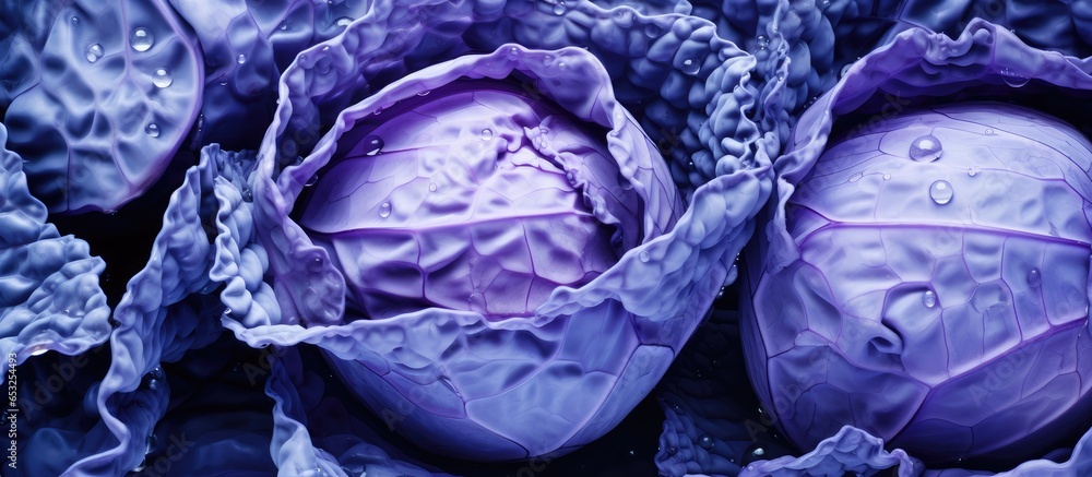 Close up top view macro photography of raw purple cabbage with a textured background