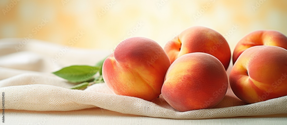 Concept of summer healthy food ripe peaches on neutral linen cloth in sunlight