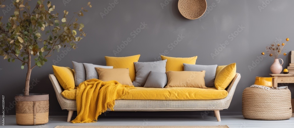 Modern bohemian living room with gray sofa honey yellow pillows plants paintings rattan basket and stylish decor in cozy apartment