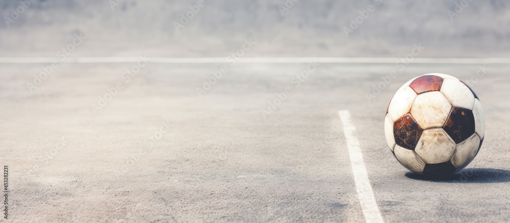 Soccer ball viewed against textured street background representing various sports and recreational activities