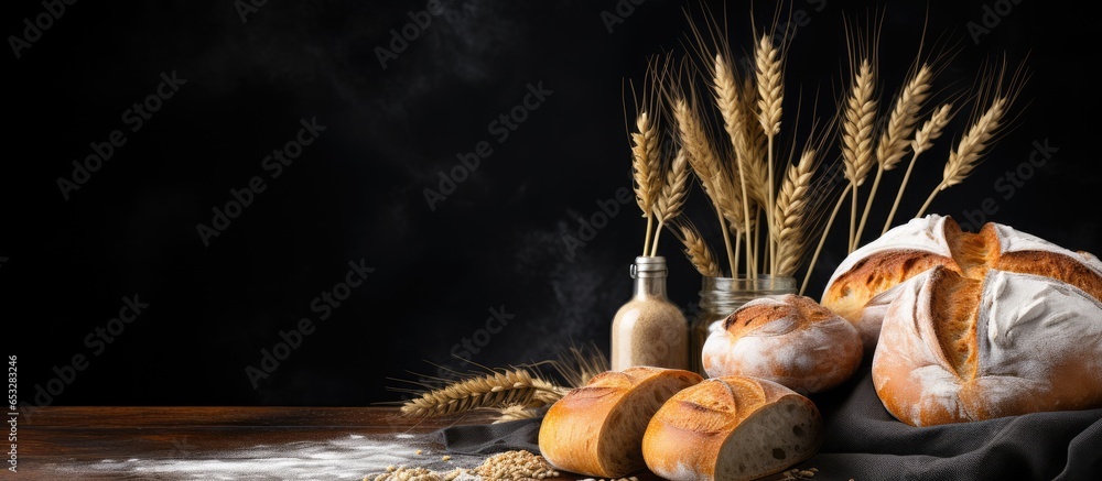 Country style bread or French baguette wheat and flour on blackboard Rural kitchen or bakery background with space for text