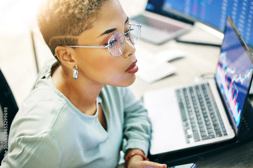 Woman with laptop, glasses and thinking on cyber stocks for crypto trade, research and investment in online data. Nft, consultant or broker reading stats info on market growth, brainstorming or ideas