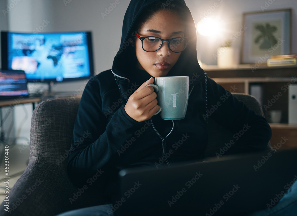 Coffee, night and woman doing remote work overtime in home office working on a project on a laptop online. Energy, espresso and young person typing in dark living room with caffeine and planning