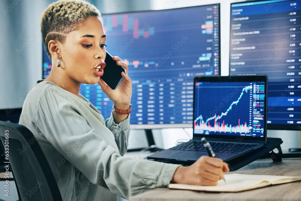 Woman, phone call at desk and networking for cyber trade, cryptocurrency and investment in online stocks. Nft, financial advisor or broker on cellphone, writing notes on market research or lead info.