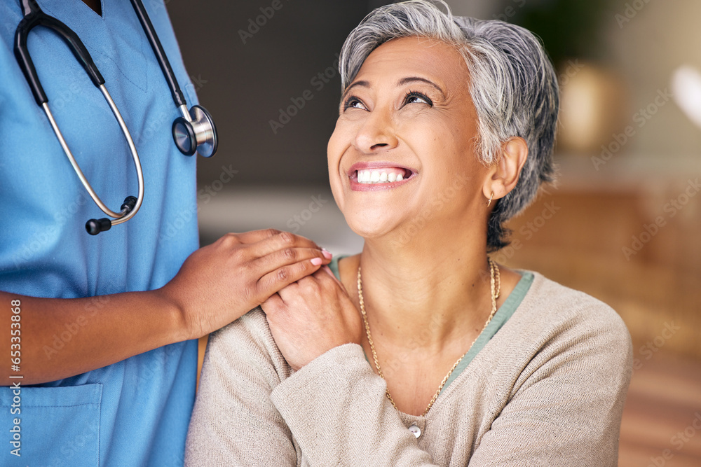 Nurse, senior woman and smile with comfort, holding hands or support in nursing home for retirement. Doctor, medic or caregiver with kindness, empathy or gratitude for help, trust or service in house