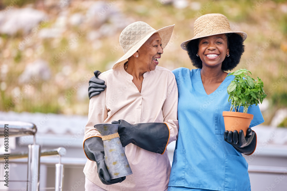 Old woman, gardening and portrait with nurse outdoor with plant, flowers and happiness in backyard nature. Happy, senior and african caretaker with wellness or agriculture greenery in retirement