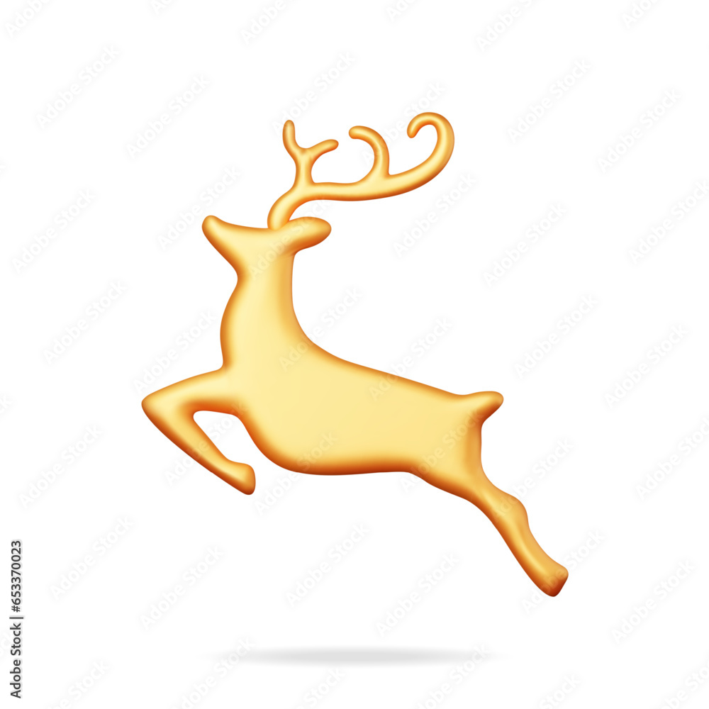 3D Christmas Deer Statue Isolated. Render Gold Deer Figurine. Cute Deer with Antlers. Happy New Year Reindeer Decoration. Merry Christmas Holiday. New Year and Xmas Celebration. Vector Illustration