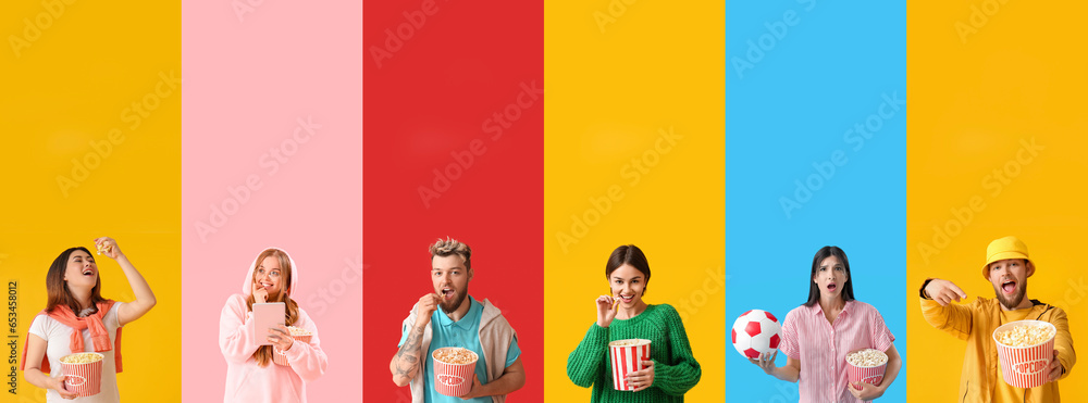 Collage of young people with buckets of popcorn on color background