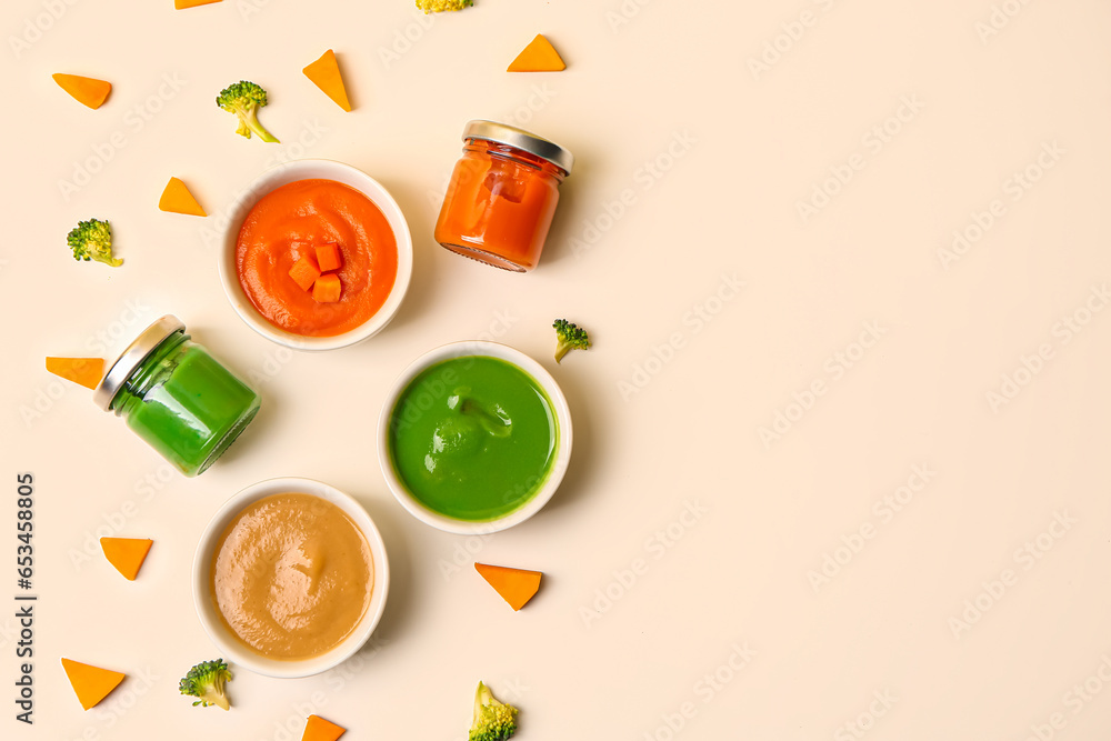 Composition with healthy baby puree and cut vegetables on white background