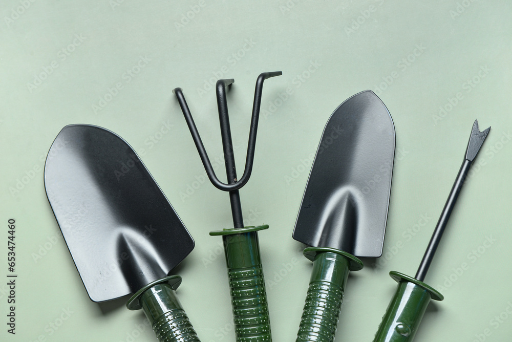 Gardening rake, shovels and weeder on green background